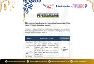 Pengumuman Pemindahan Alamat Jaringan Kantor Bank Sulselbar Syariah Cabang Maros