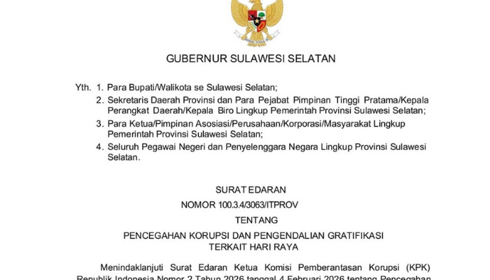 Gubernur Sulsel Keluarkan Edaran Pencegahan Gratifikasi Terkait Hari Raya Bagi ASN