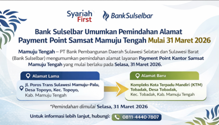 Memudahkan Masyarakat, Bank Sulselbar Relokasi Payment Point Samsat Mamuju Tengah ke Kompleks KTM Tobadak